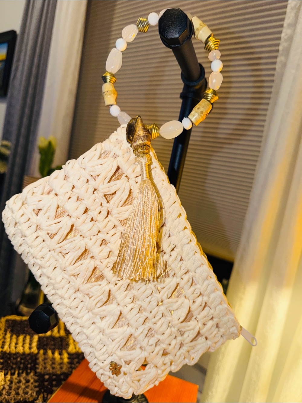 Cappelli Straworld Myshell Crochet Clutch Beaded Handle Tassel Ivory